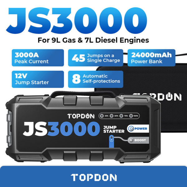 TOPDON JS3000 Car Battery Jump Starter Power Bank, 3000A 12V Booster For Up To 9L Gas/7L Diesel Engines